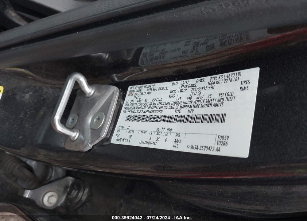 2017 FORD ESCAPE S VIN: 1FMCU0F7XHUD86075
