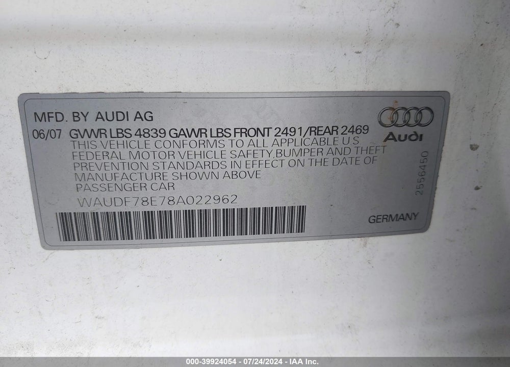 2008 AUDI A4 2.0T/2.0T SPECIAL EDITION VIN: WAUDF78E78A022962