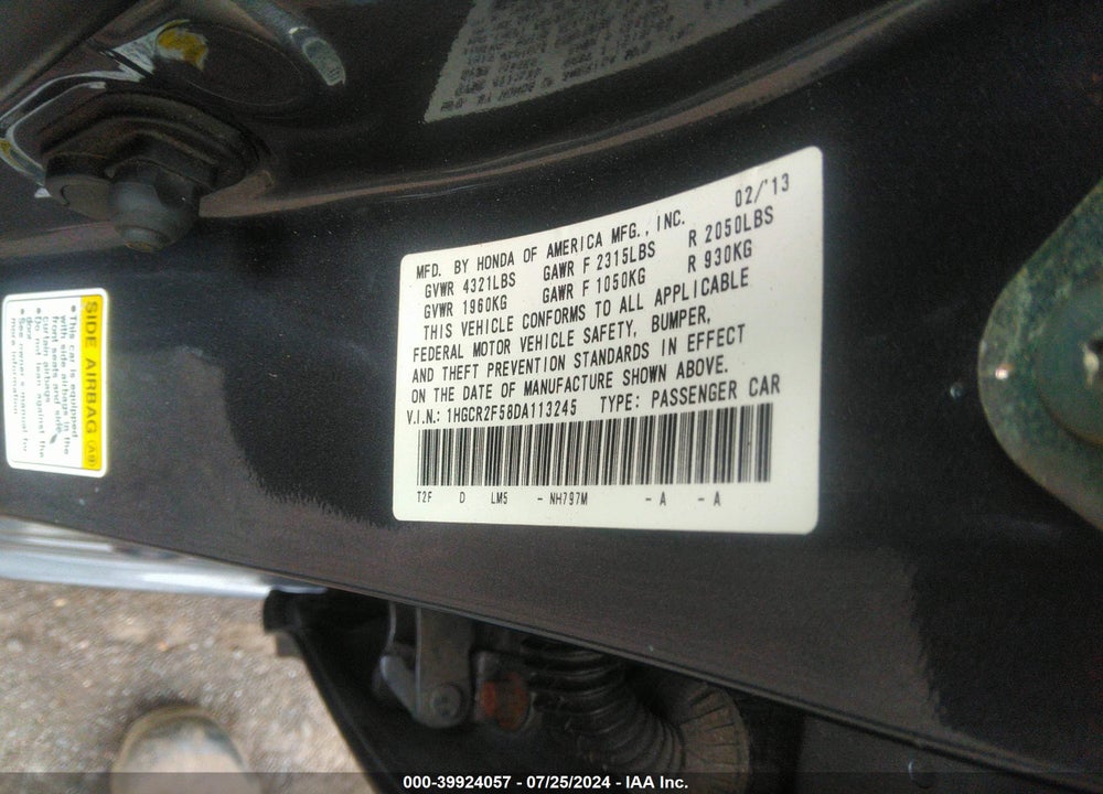2013 HONDA ACCORD SPORT VIN: 1HGCR2F58DA113245