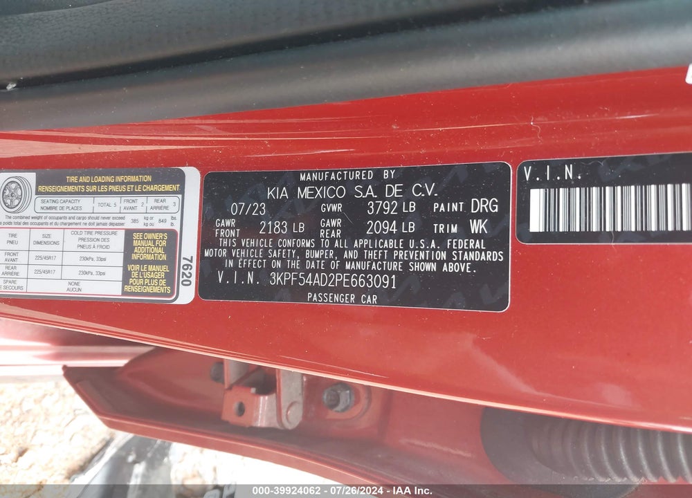 2023 KIA FORTE GT LINE VIN: 3KPF54AD2PE663091
