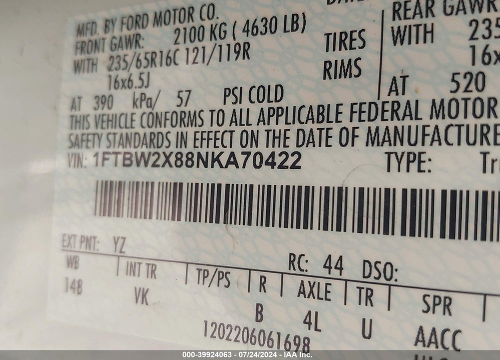 2022 FORD TRANSIT-350 VIN: 1FTBW2X88NKA70422
