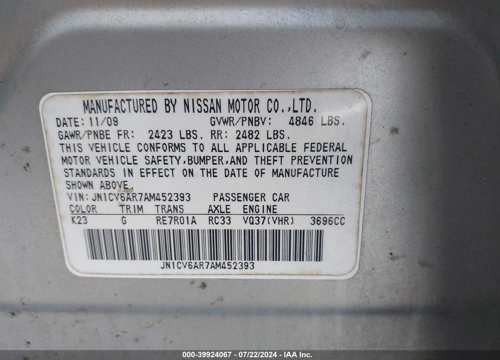 2010 INFINITI G37X VIN: JN1CV6AR7AM452393