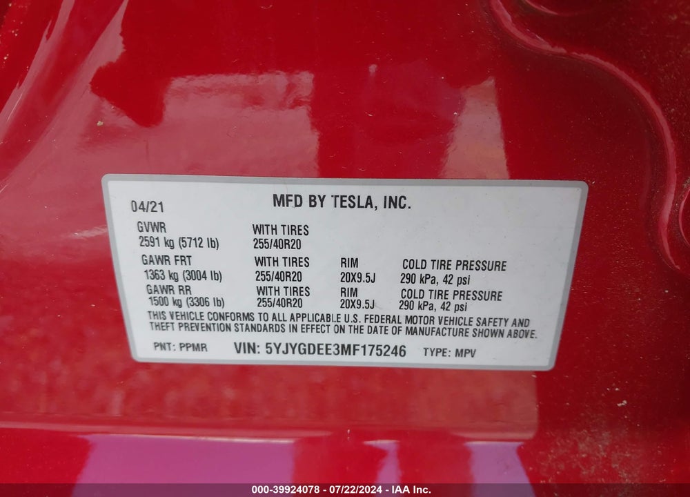 2021 TESLA MODEL Y LONG RANGE DUAL MOTOR ALL-WHEEL DRIVE VIN: 5YJYGDEE3MF175246