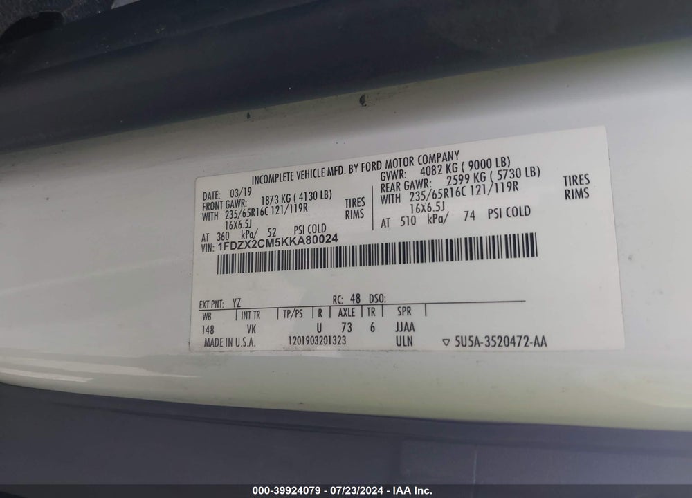 2019 FORD TRANSIT-350 XL VIN: 1FDZX2CM5KKA80024