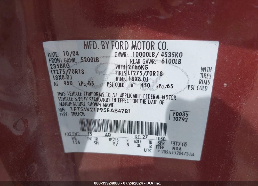 2005 FORD F-250 LARIAT/XL/XLT VIN: 1FTSW21P95EA84781