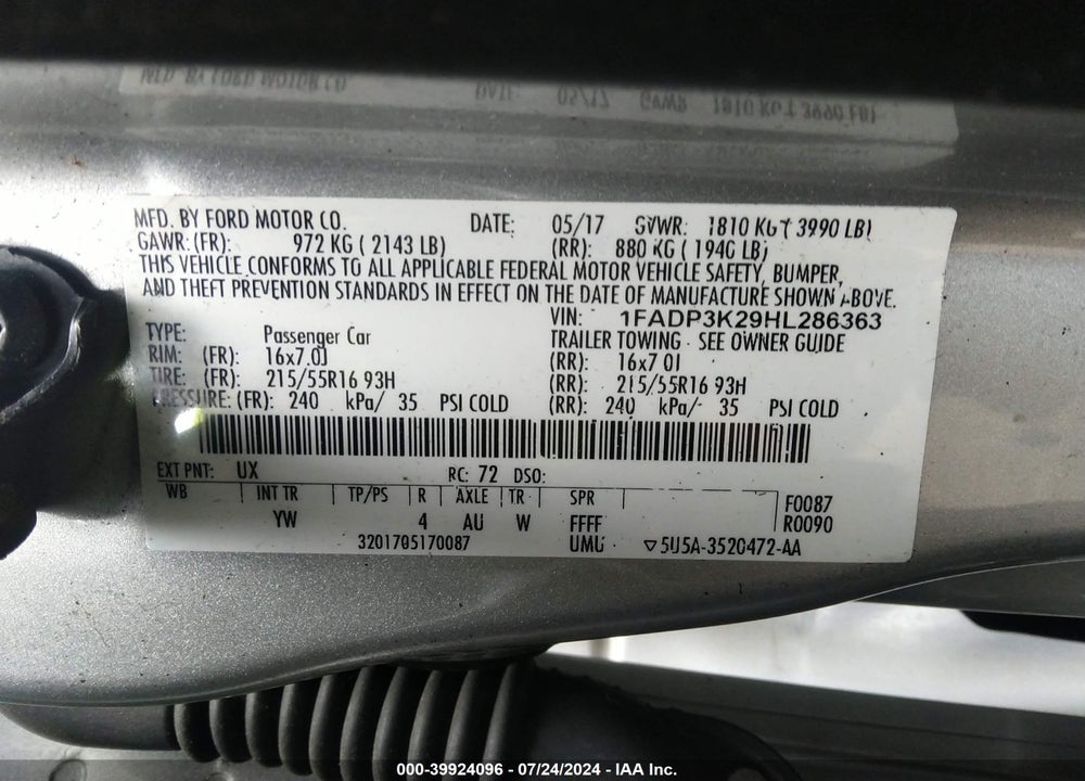 2017 FORD FOCUS SE VIN: 1FADP3K29HL286363