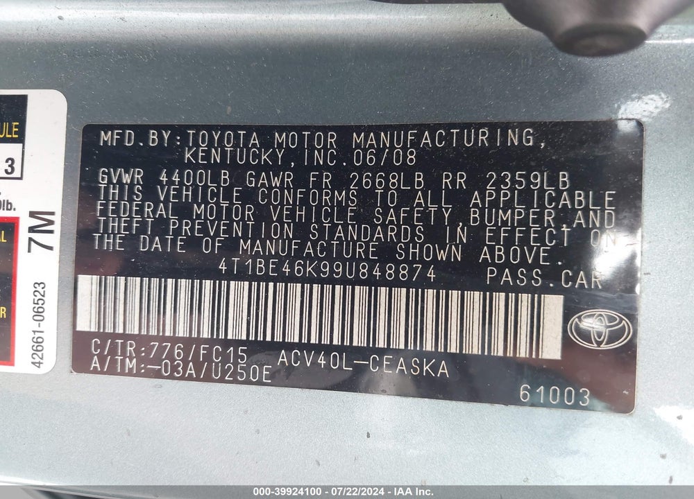 2009 TOYOTA CAMRY SE VIN: 4T1BE46K99U848874