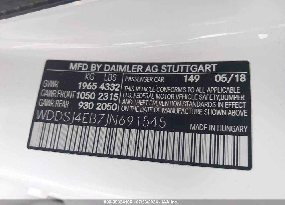 2018 MERCEDES-BENZ CLA 250 VIN: WDDSJ4EB7JN691545