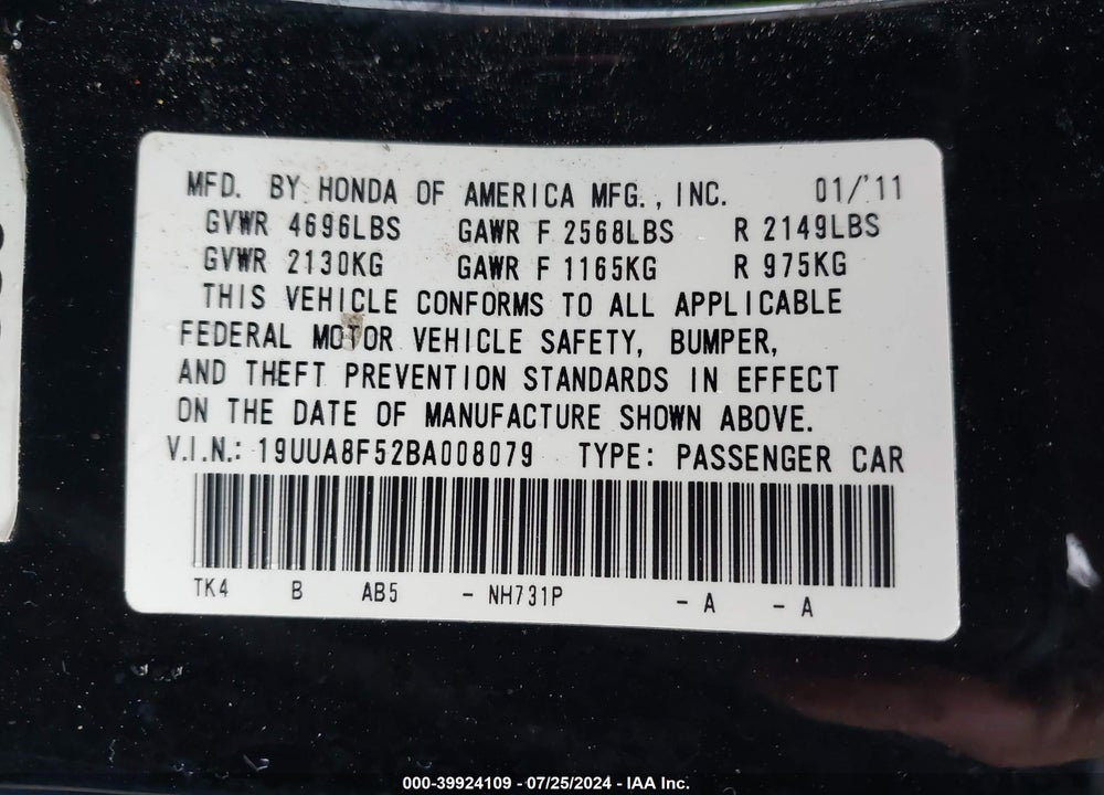 2011 ACURA TL 3.5 VIN: 19UUA8F52BA008079