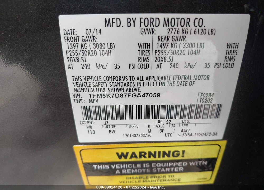 2015 FORD EXPLORER XLT VIN: 1FM5K7D87FGA47059