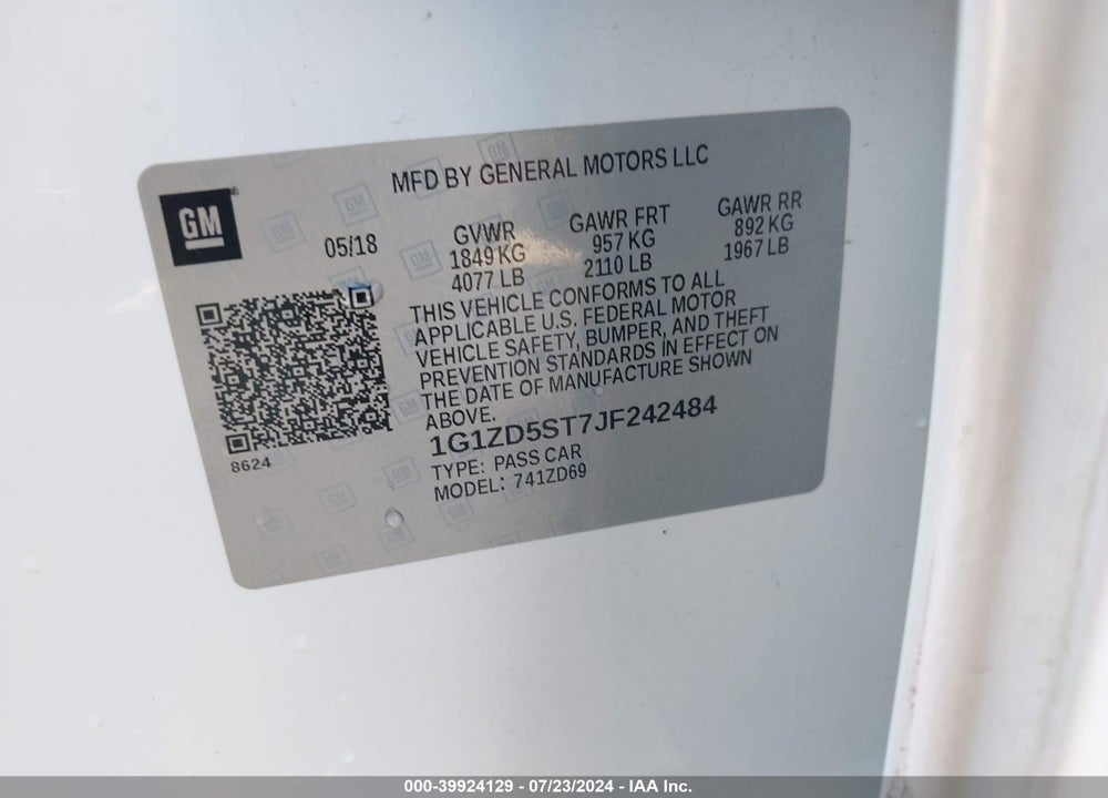 2018 CHEVROLET MALIBU LT VIN: 1G1ZD5ST7JF242484