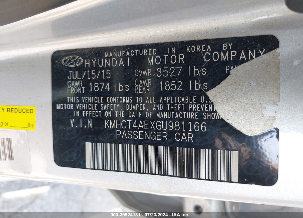 2016 HYUNDAI ACCENT SE VIN: KMHCT4AEXGU981166
