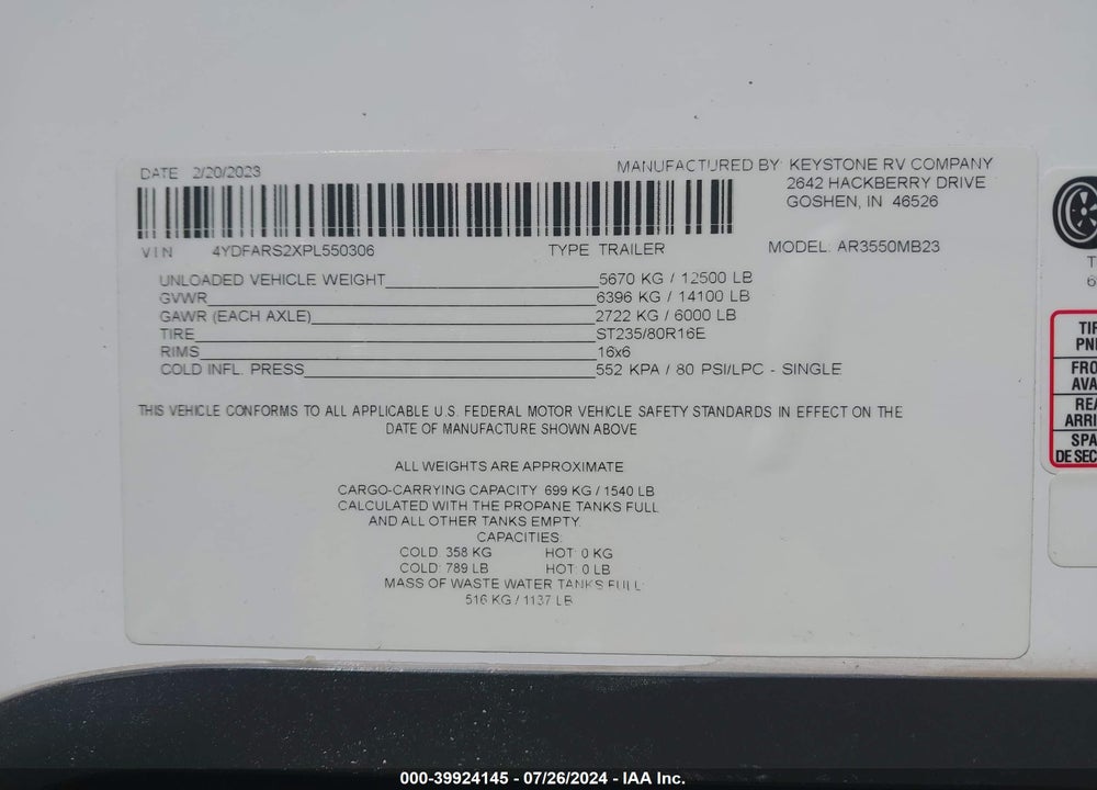2023 KEYSTONE OTHER VIN: 4YDFARS2XPL550306