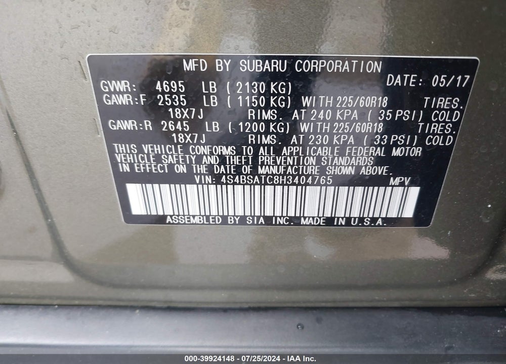 2017 SUBARU OUTBACK 2.5I TOURING VIN: 4S4BSATC8H3404765