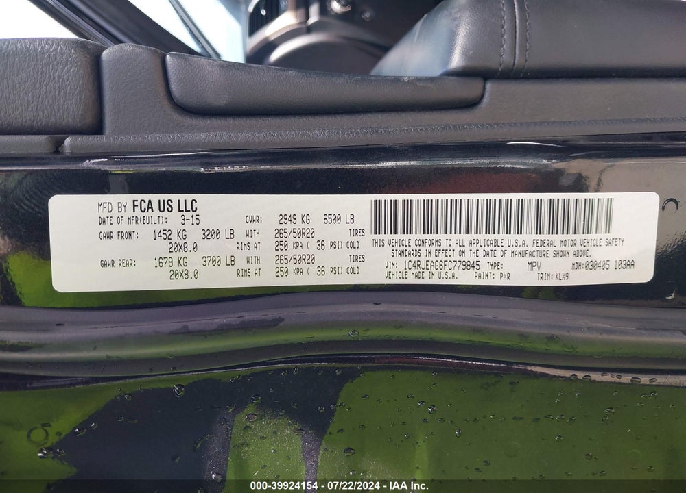 2015 JEEP GRAND CHEROKEE ALTITUDE VIN: 1C4RJEAG6FC779845