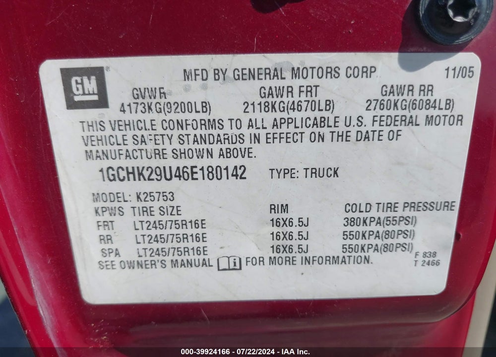 2006 CHEVROLET SILVERADO 2500HD LT1 VIN: 1GCHK29U46E180142