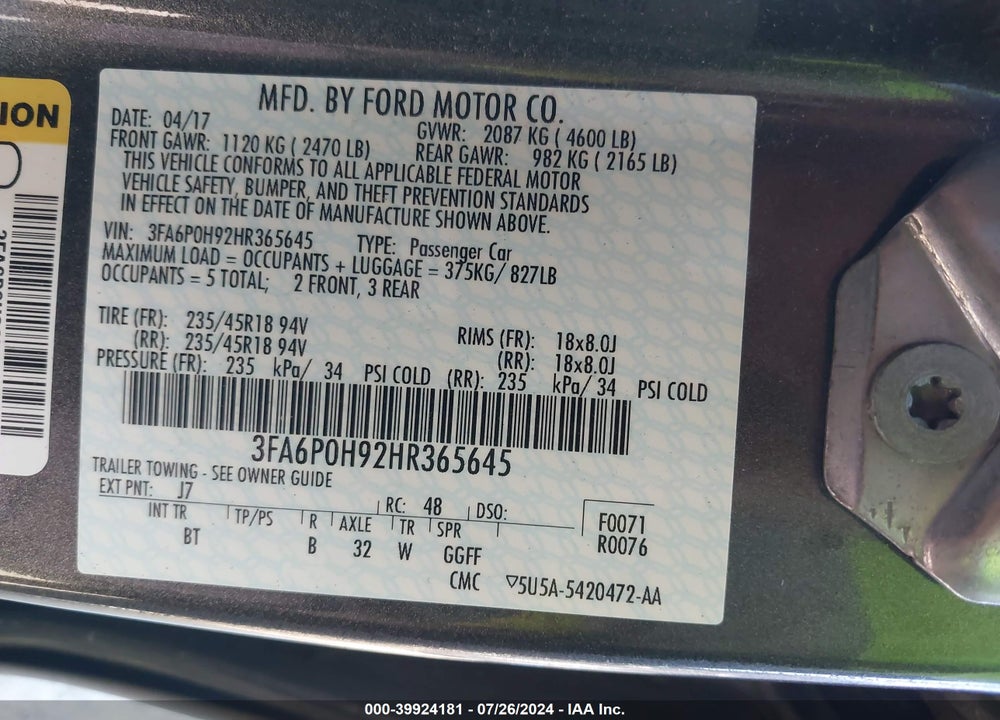 2017 FORD FUSION SE VIN: 3FA6P0H92HR365645