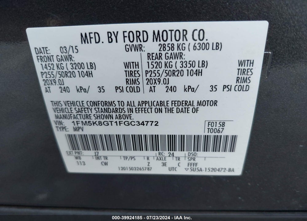 2015 FORD EXPLORER SPORT VIN: 1FM5K8GT1FGC34772