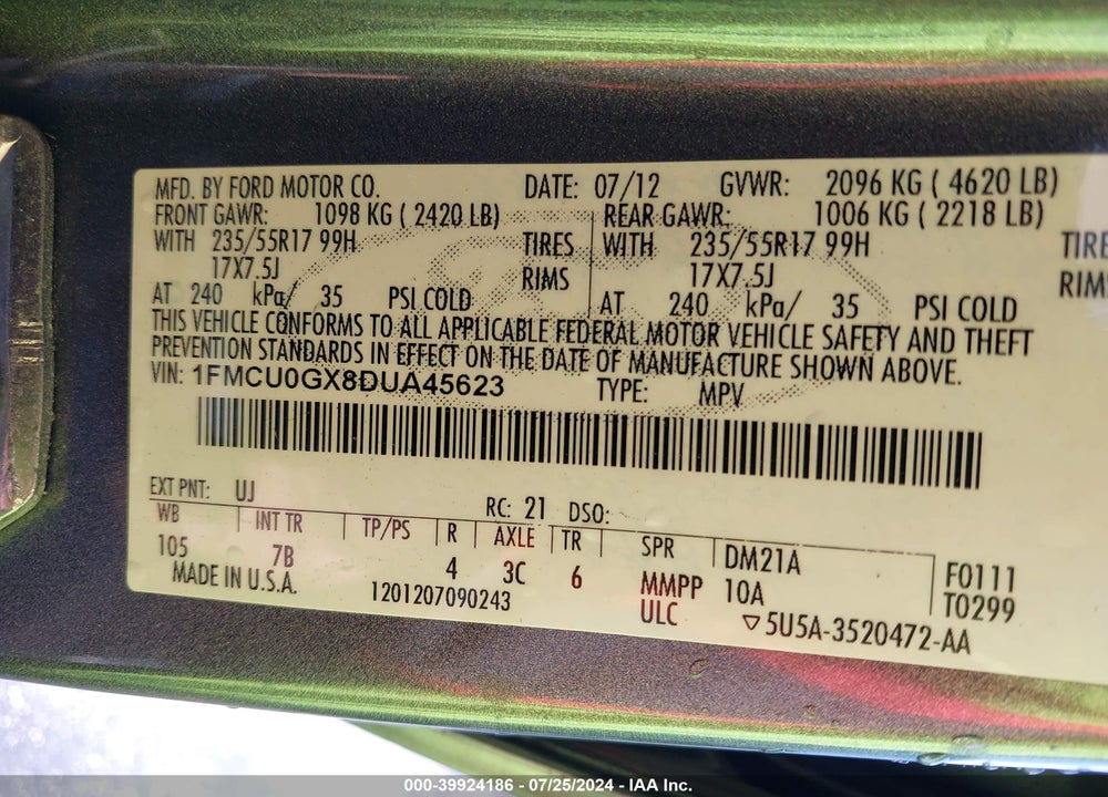 2013 FORD ESCAPE SE VIN: 1FMCU0GX8DUA45623
