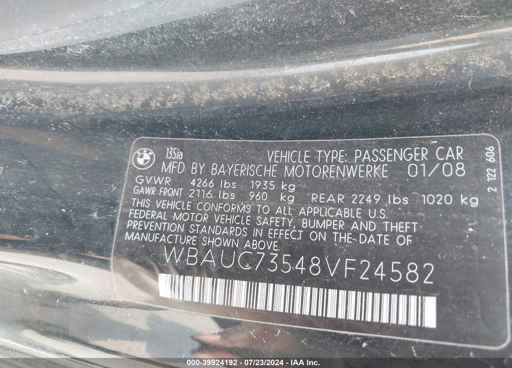 2008 BMW 135I VIN: WBAUC73548VF24582