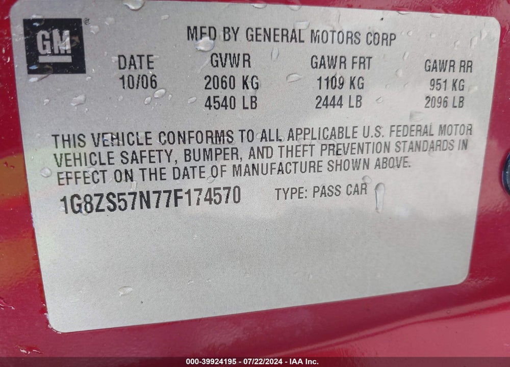 2007 SATURN AURA XE VIN: 1G8ZS57N77F174570