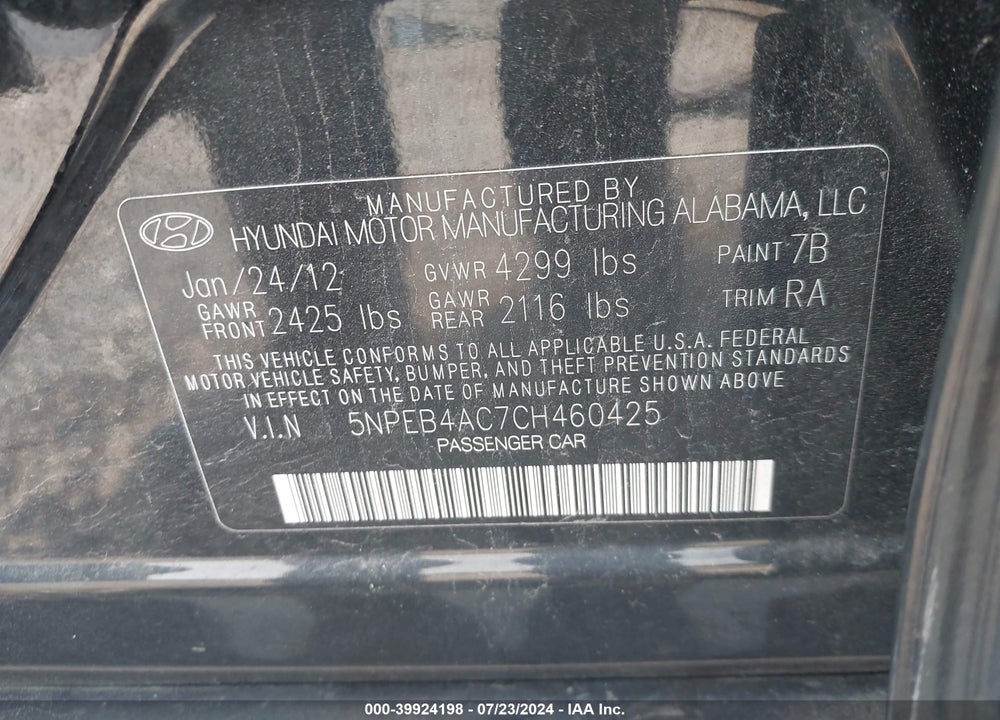 2012 HYUNDAI SONATA GLS VIN: 5NPEB4AC7CH460425