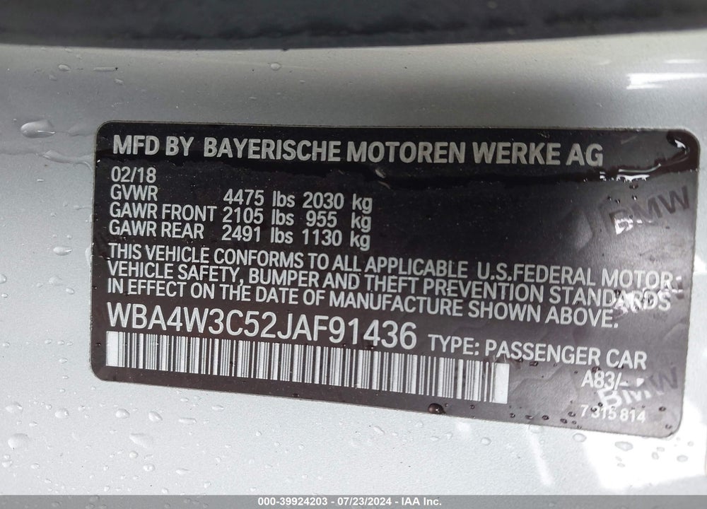 2018 BMW 430I VIN: WBA4W3C52JAF91436