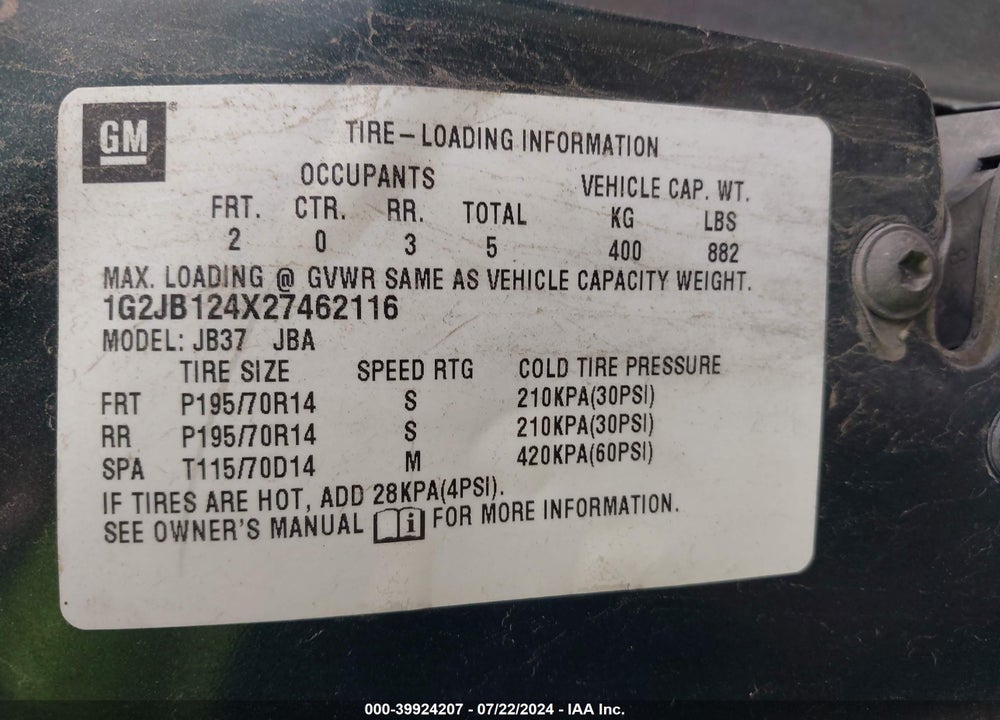 2002 PONTIAC SUNFIRE SE VIN: 1G2JB124X27462116