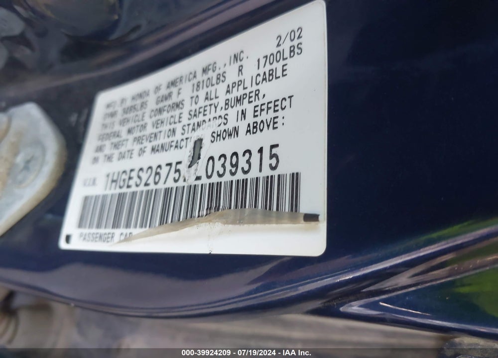 2002 HONDA CIVIC EX VIN: 1HGES26752L039315