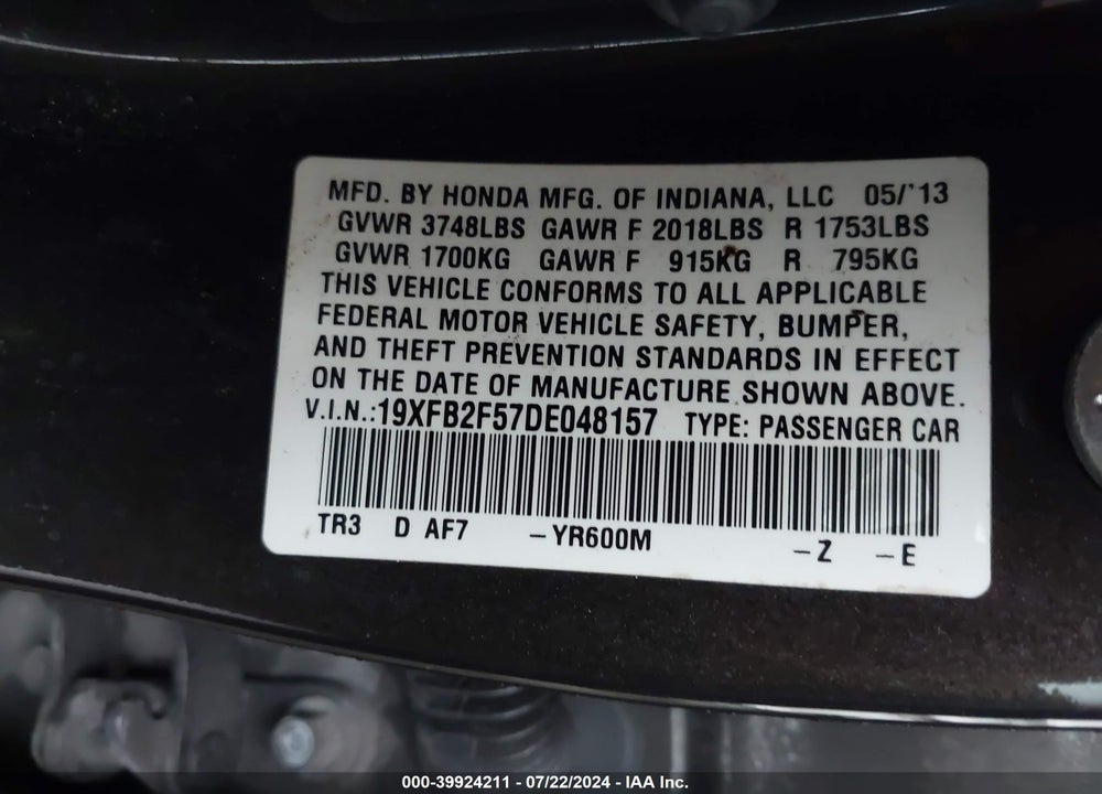 2013 HONDA CIVIC LX VIN: 19XFB2F57DE048157