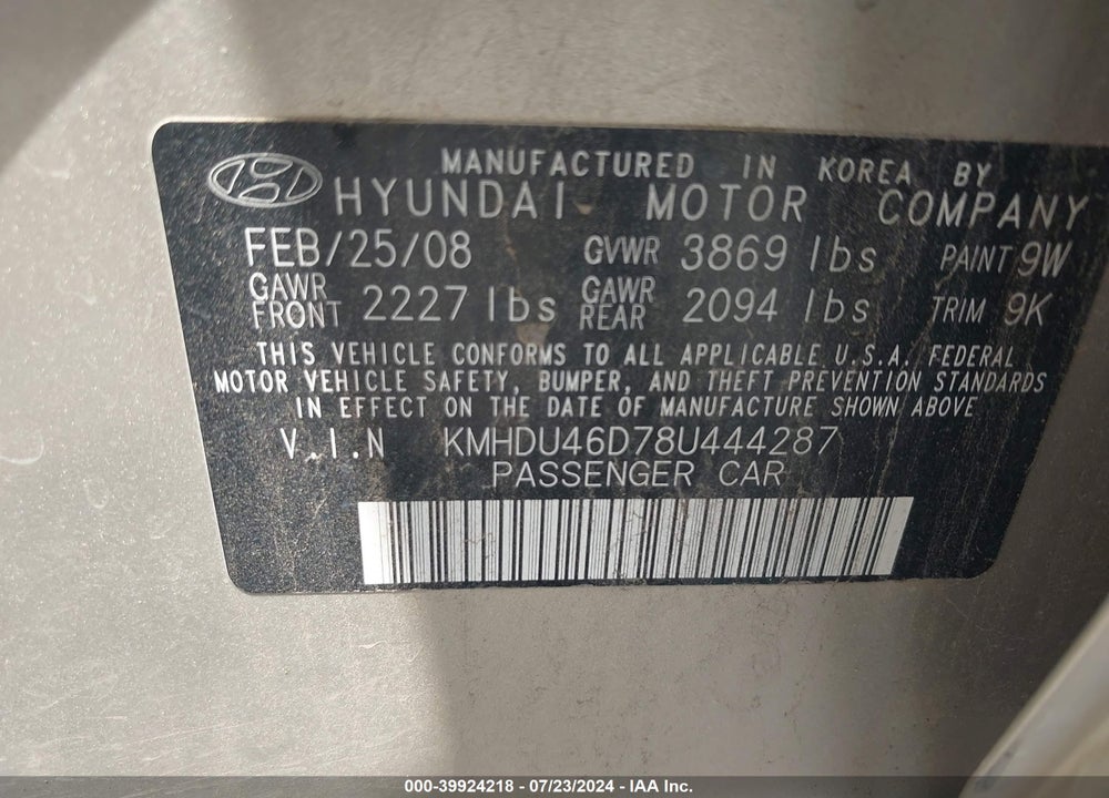 2008 HYUNDAI ELANTRA GLS/SE VIN: KMHDU46D78U444287