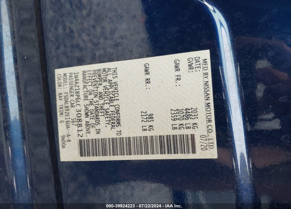 2020 NISSAN LEAF S 40 KWH VIN: 1N4AZ1BP6LC308812