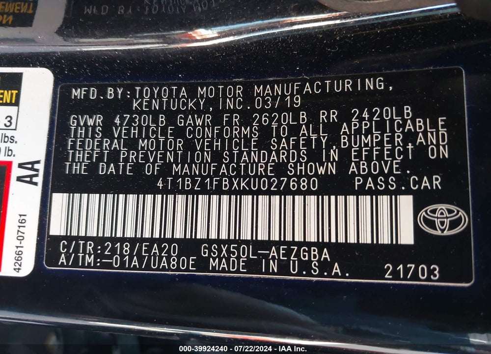 2019 TOYOTA AVALON XLE VIN: 4T1BZ1FBXKU027680