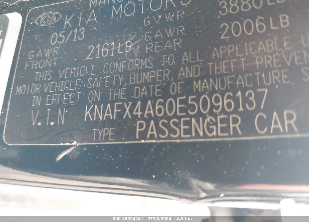 2014 KIA FORTE LX VIN: KNAFX4A60E5096137