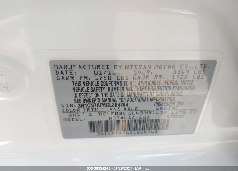 2016 NISSAN VERSA 1.6 S+ VIN: 3N1CN7AP6GL864764