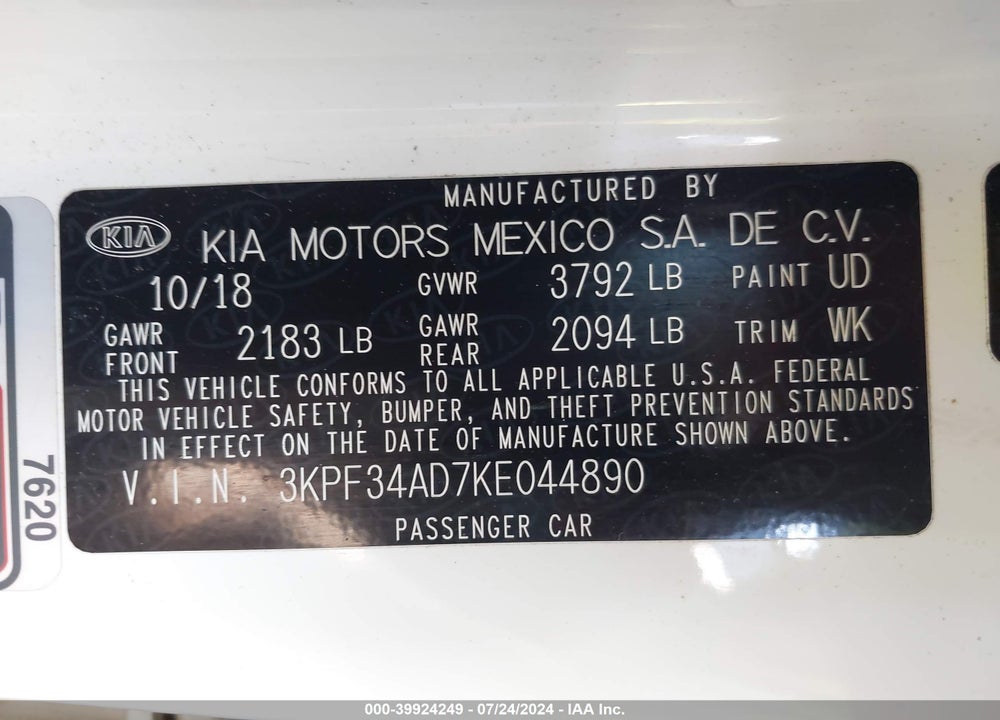 2019 KIA FORTE S VIN: 3KPF34AD7KE044890