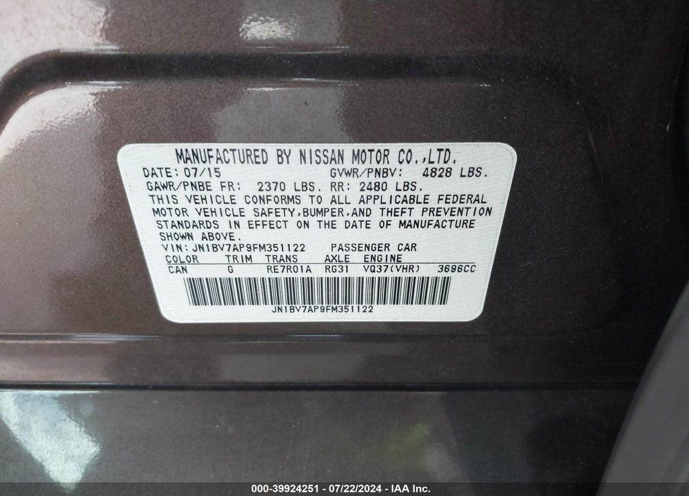 2015 INFINITI Q50 PREMIUM VIN: JN1BV7AP9FM351122