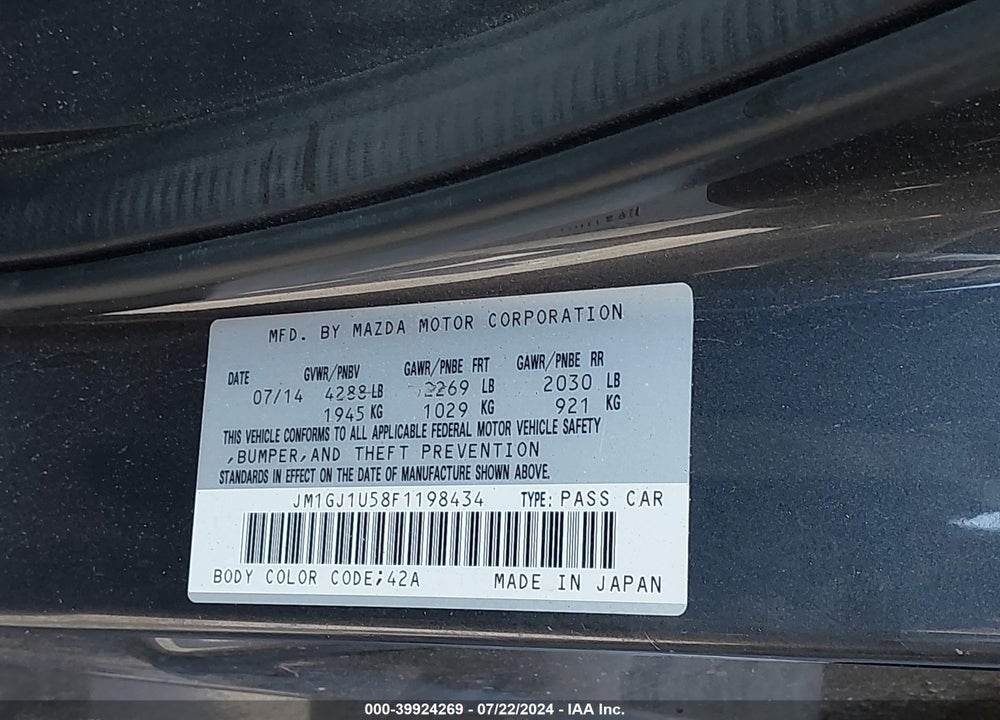 2015 MAZDA 6 I SPORT VIN: JM1GJ1U58F1198434
