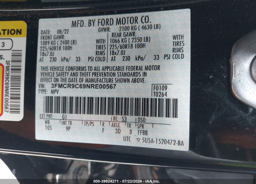 2022 FORD BRONCO SPORT OUTER BANKS VIN: 3FMCR9C69NRE00567