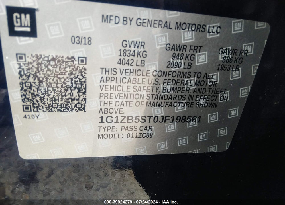 2018 CHEVROLET MALIBU 1LS VIN: 1G1ZB5ST0JF198561