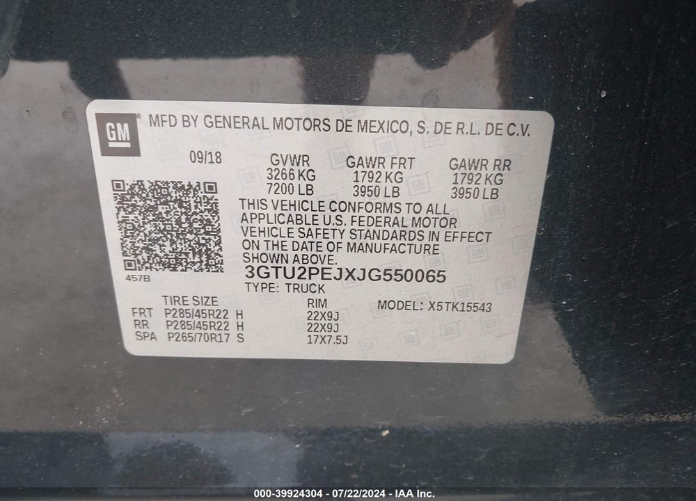 2018 GMC SIERRA 1500 DENALI VIN: 3GTU2PEJXJG550065