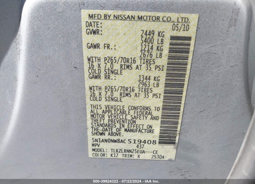 2010 NISSAN XTERRA S VIN: 5N1AN0NW8AC519408