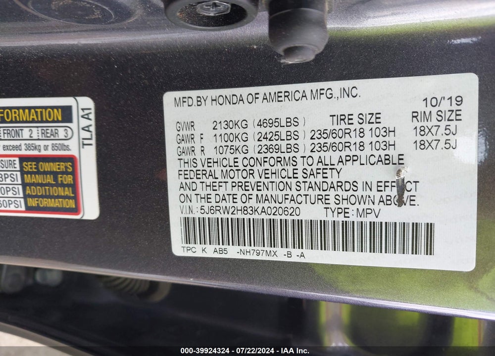 2019 HONDA CR-V EX-L VIN: 5J6RW2H83KA020620