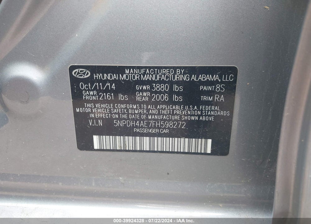 2015 HYUNDAI ELANTRA SE VIN: 5NPDH4AE7FH598272
