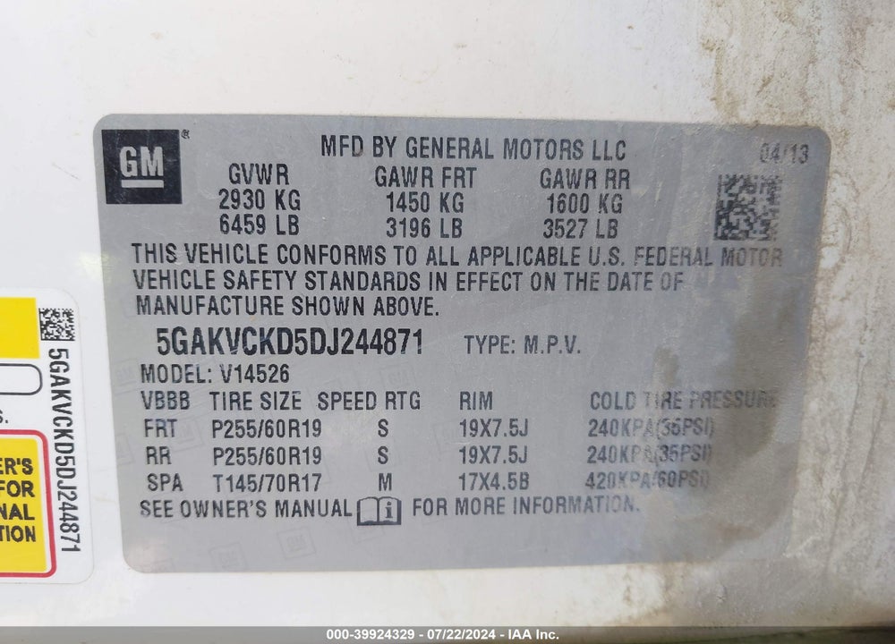 2013 BUICK ENCLAVE LEATHER VIN: 5GAKVCKD5DJ244871
