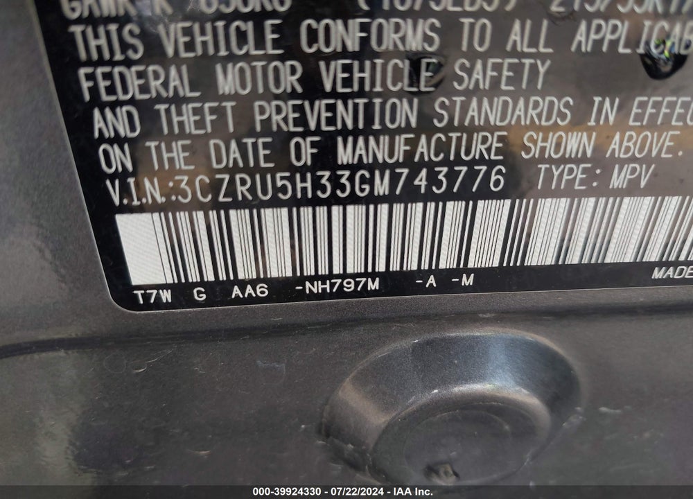 2016 HONDA HR-V VIN: 3CZRU5H33GM743776