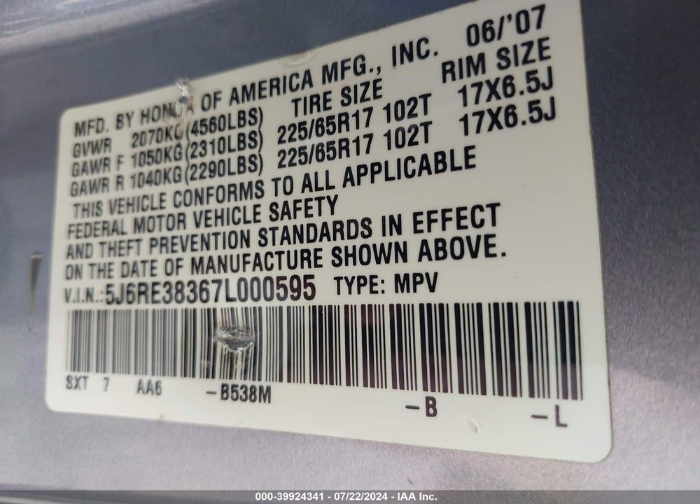 2007 HONDA CR-V LX VIN: 5J6RE38367L000595