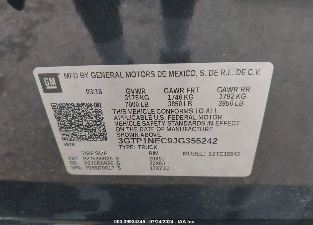 2018 GMC SIERRA 1500 SLT VIN: 3GTP1NEC9JG355242