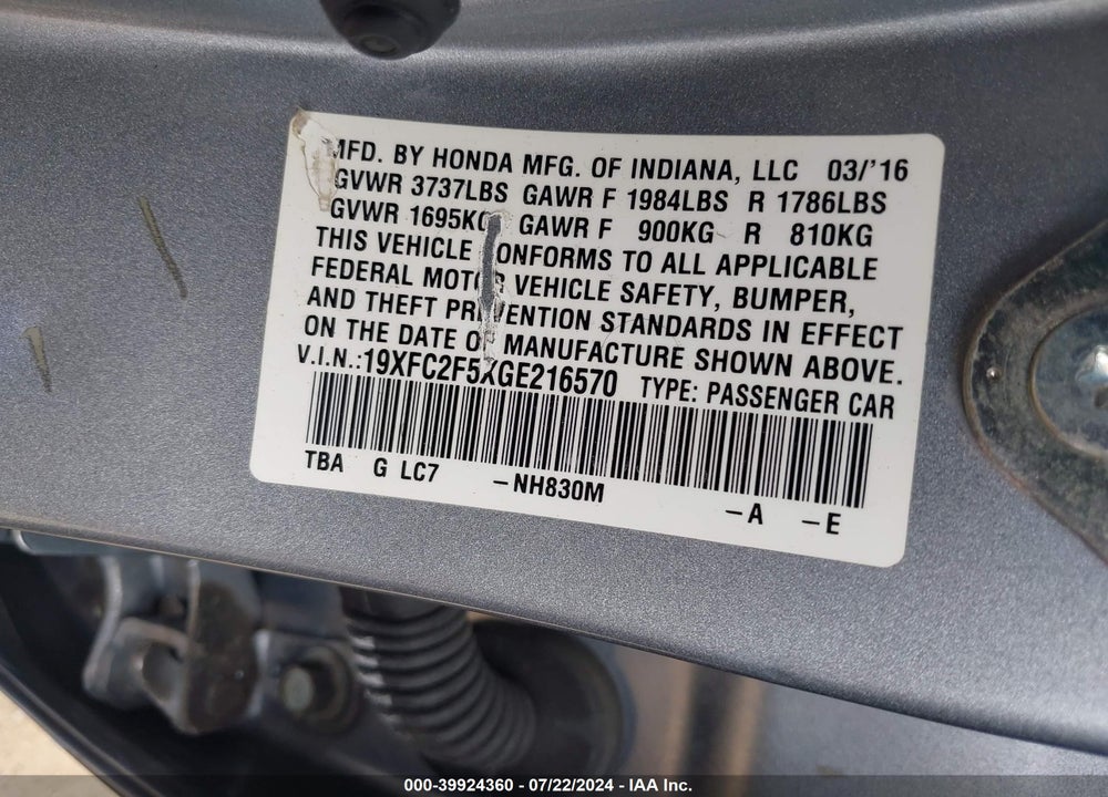2016 HONDA CIVIC LX VIN: 19XFC2F5XGE216570