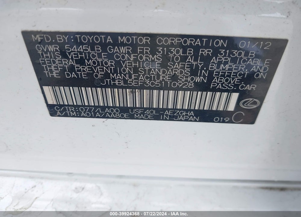 2012 LEXUS LS 460 VIN: JTHBL5EF3C5110928